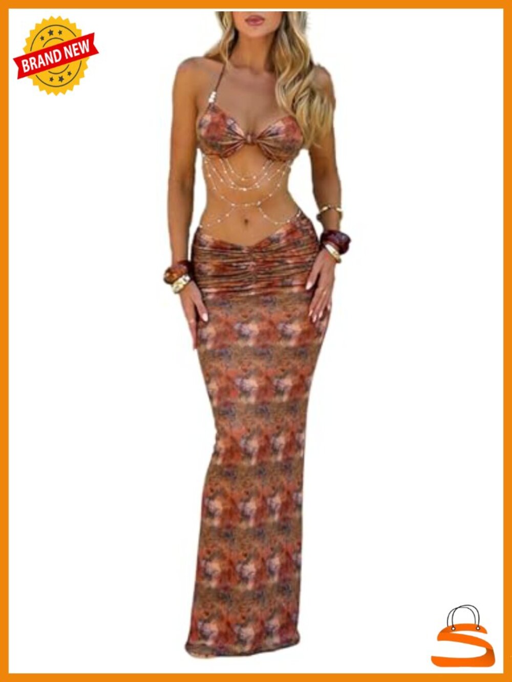 Women's Two Piece Maxi Skirt Set Ruched Bodycon Halter Crop Top Pearls Chain
